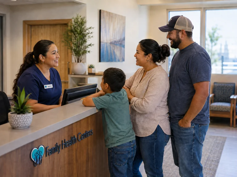 A Family Health Centers staff member welcoming a family at the clinic front desk