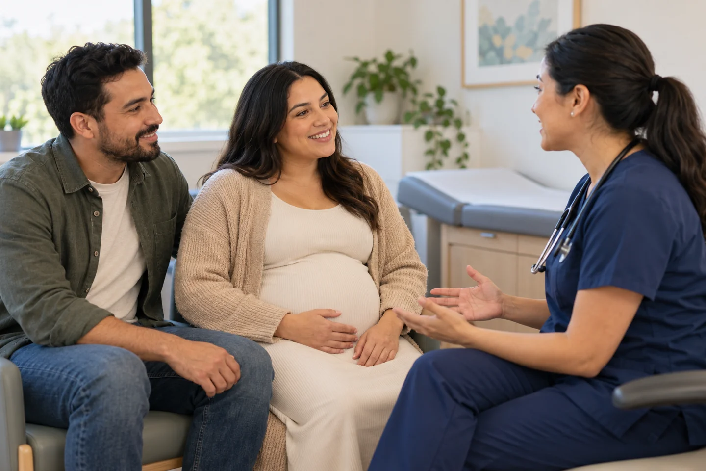 An expectant parent and partner speaking with a clinician.