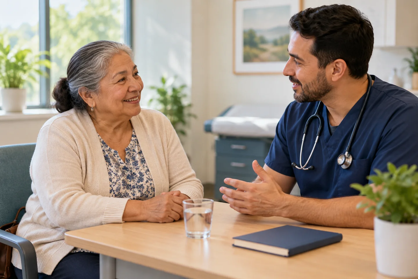 An older adult discussing ongoing care with a clinician.