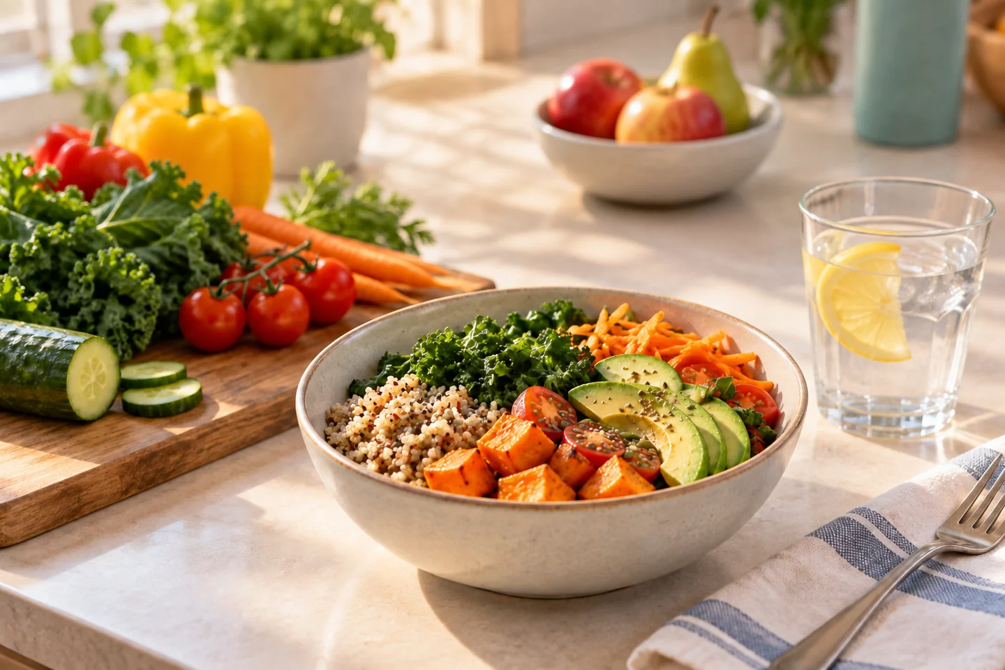 A meal with fresh vegetables and whole grains beside a glass of water.