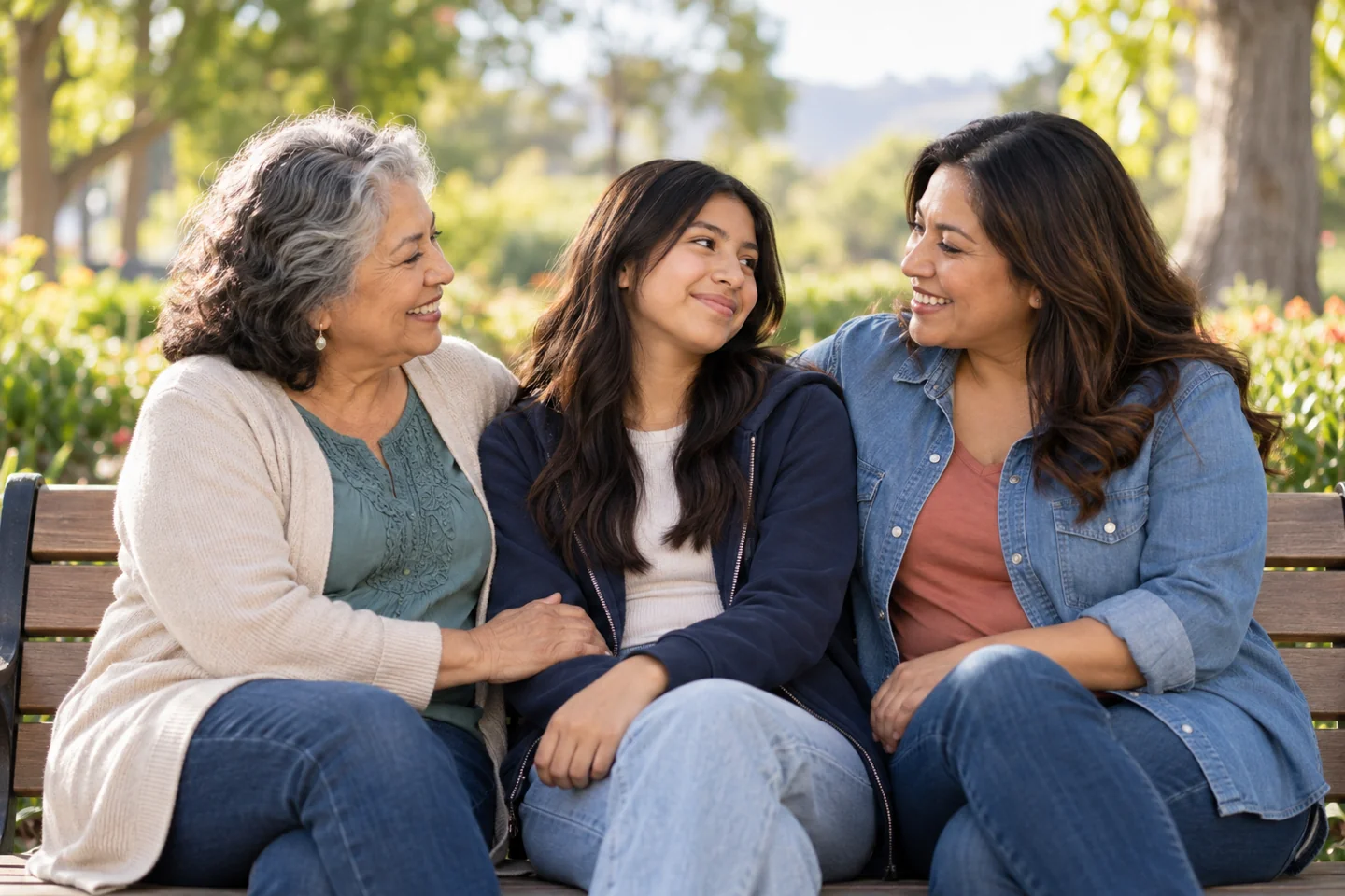 Three generations of a family sharing a conversation outdoors.